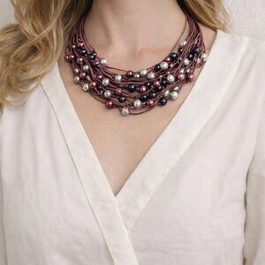 Multi-Strand Beaded Necklace | Burgundy Pearl Statement | 17–19”